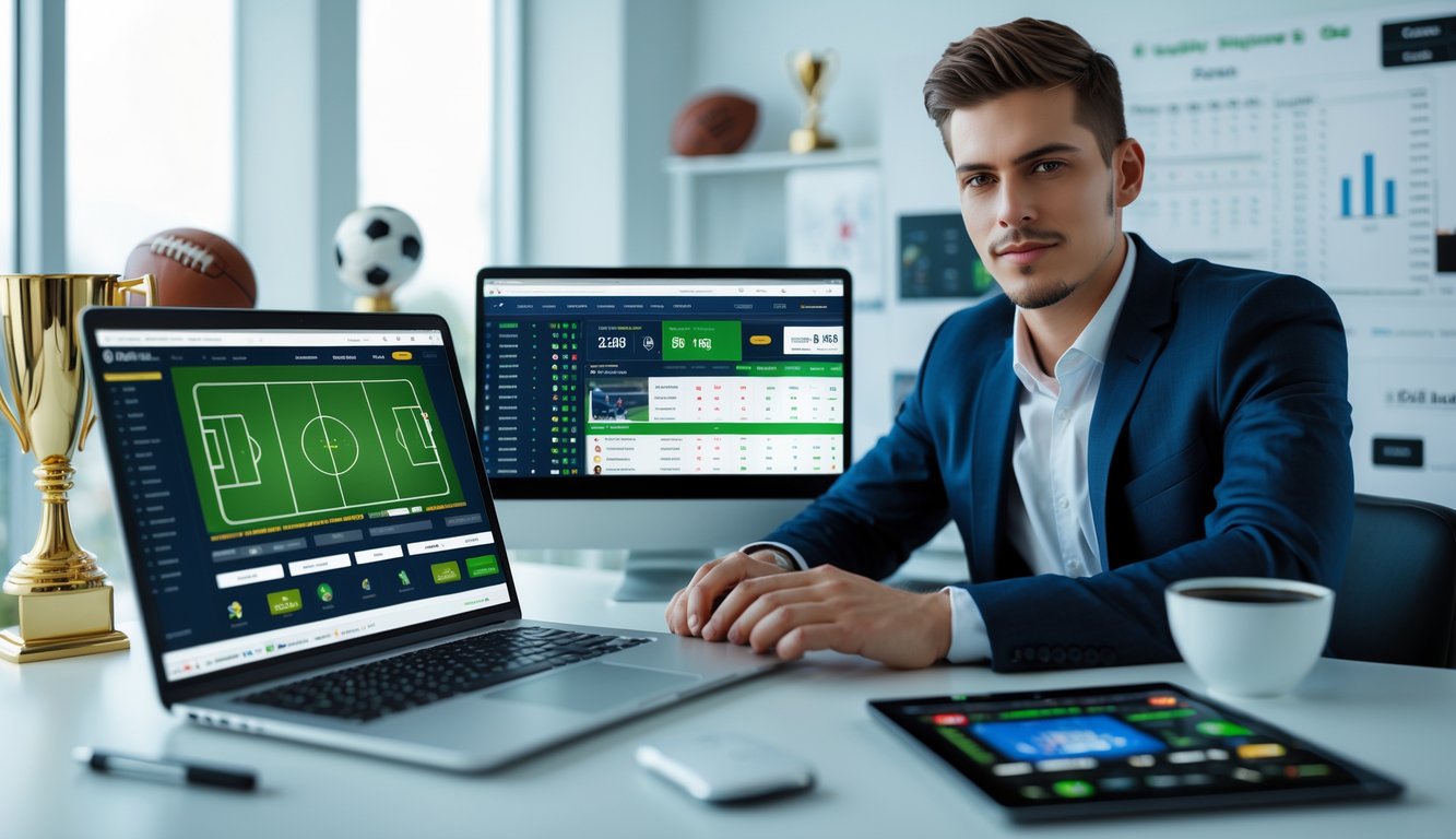 Seorang pria muda duduk di meja dengan laptop dan ponsel yang menampilkan pertandingan sepak bola dan antarmuka taruhan online dalam suasana kantor modern.