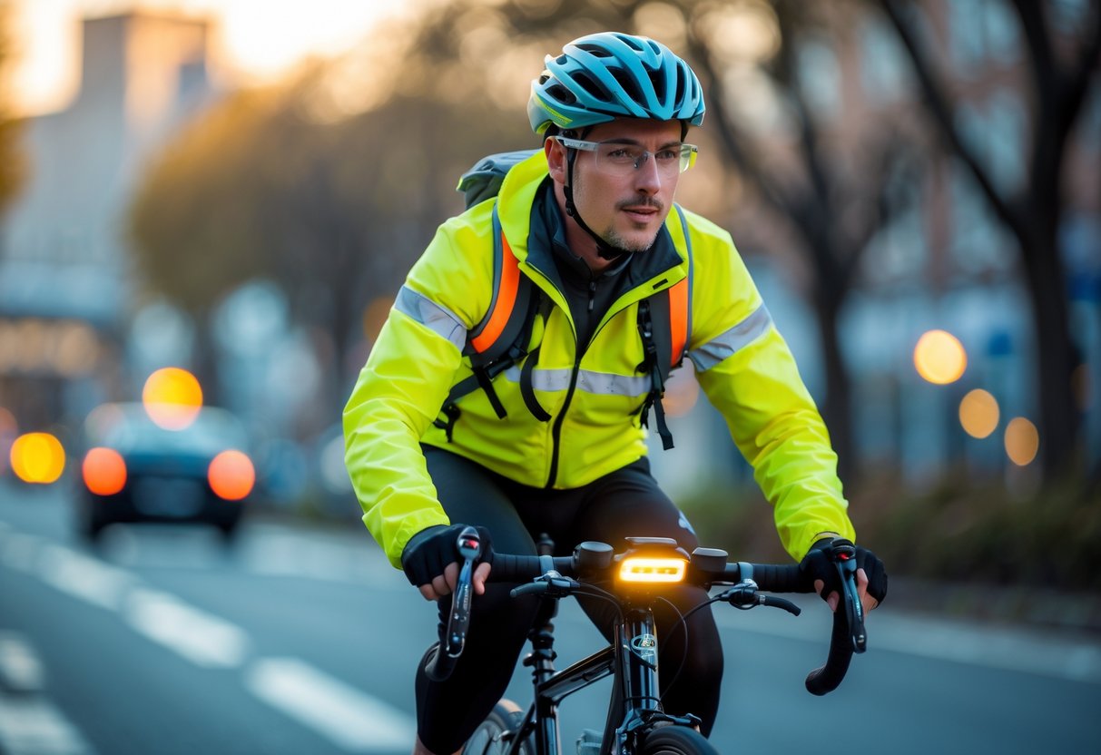 A cyclist wearing a high-visibility jacket and helmet with lights rides on a city street during daylight.