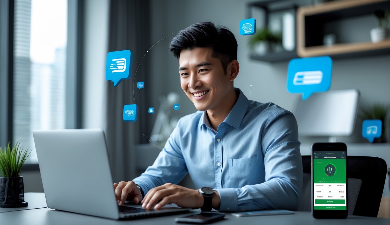 Seorang pria muda tersenyum menggunakan laptop di ruang kerja modern dengan ikon digital yang menunjukkan transaksi cepat dan aman.