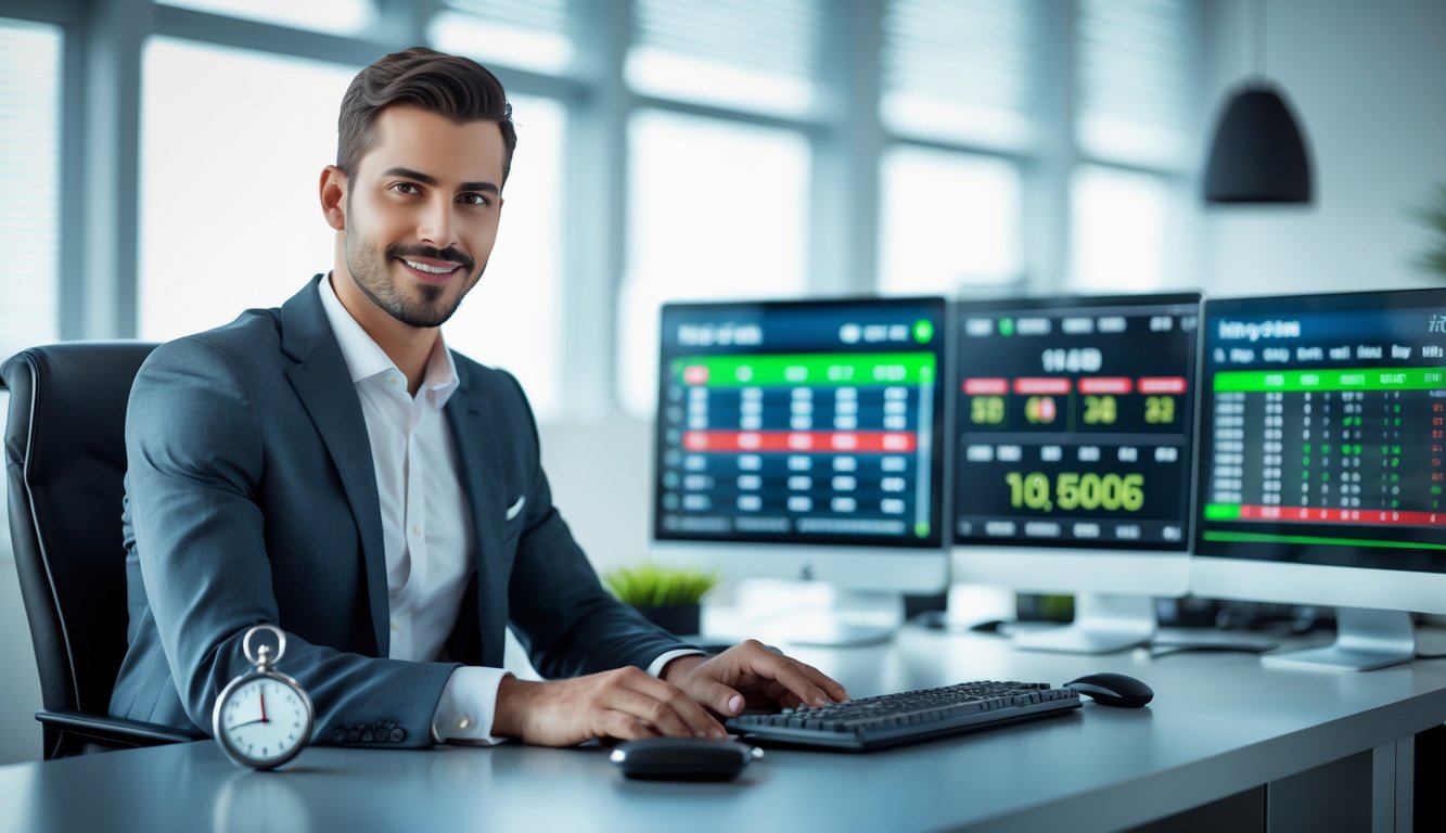 Seorang agen taruhan olahraga online yang percaya diri duduk di meja kerja dengan beberapa layar komputer menampilkan statistik olahraga.