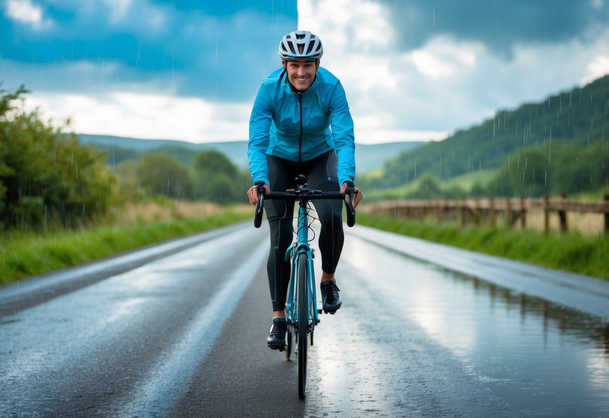 A cyclist riding on a path with sunny weather on one side and light rain on the other, wearing weather-appropriate gear and a helmet.