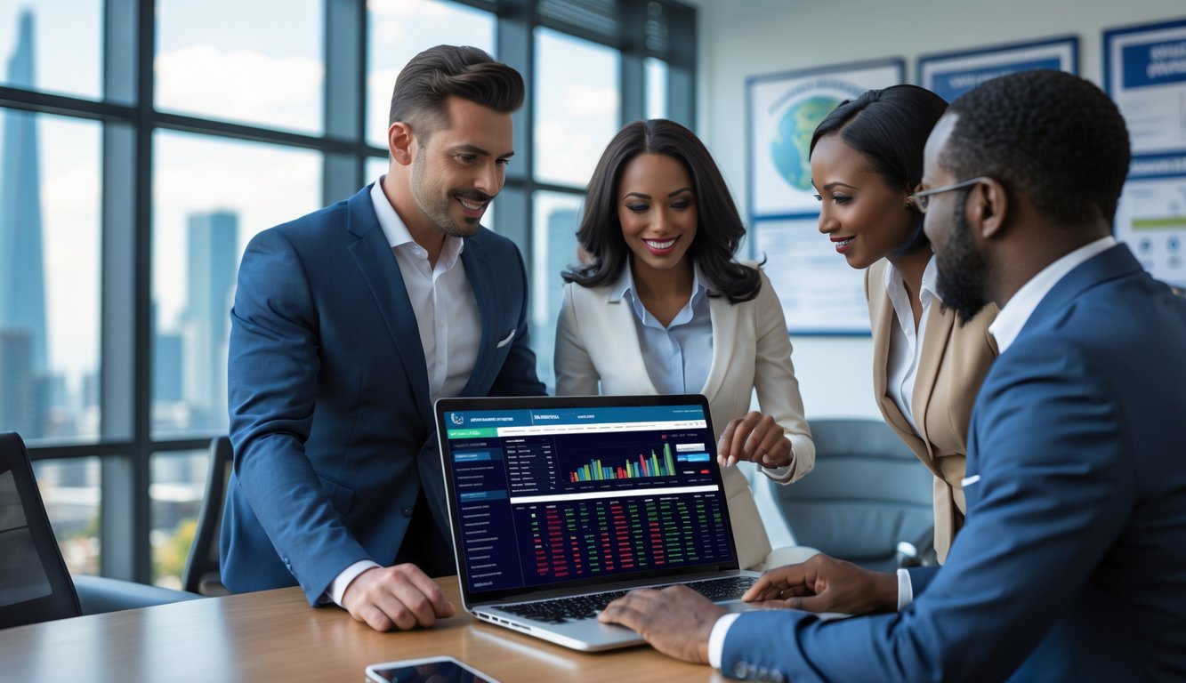 Sekelompok profesional bisnis sedang berdiskusi di kantor modern dengan laptop yang menampilkan antarmuka taruhan olahraga digital.