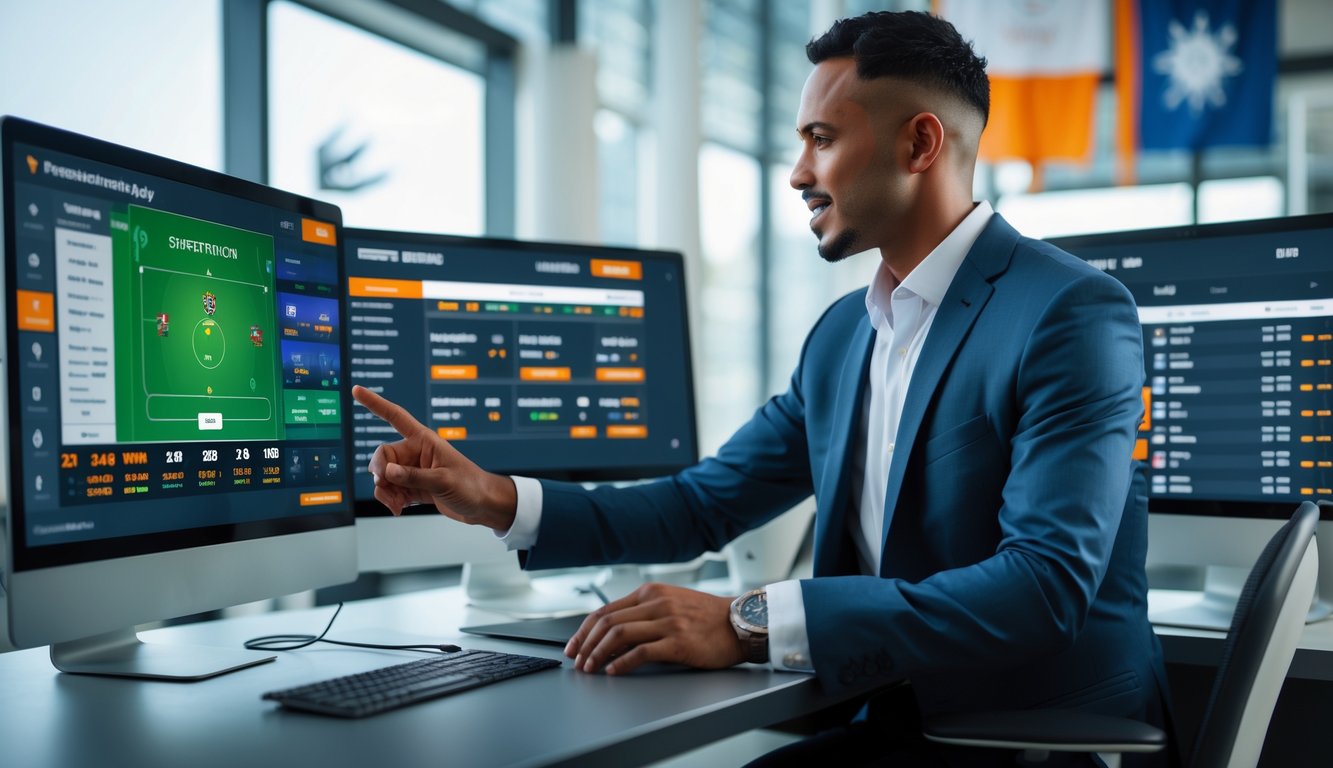Seorang profesional di ruang kerja modern dengan beberapa monitor menampilkan pertandingan olahraga dan peluang taruhan.