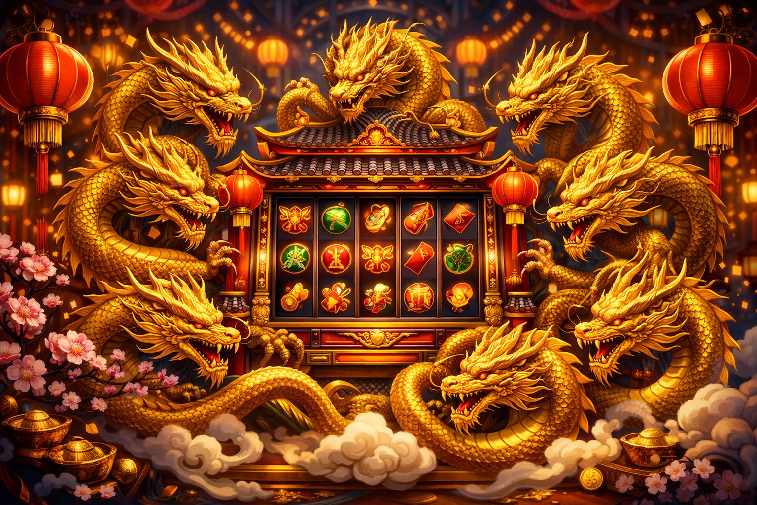 Eight Golden Dragons Coiled Around A Traditional AsianStyle Slot Machine Surrounded By Red Lanterns And Cherry Blossoms.