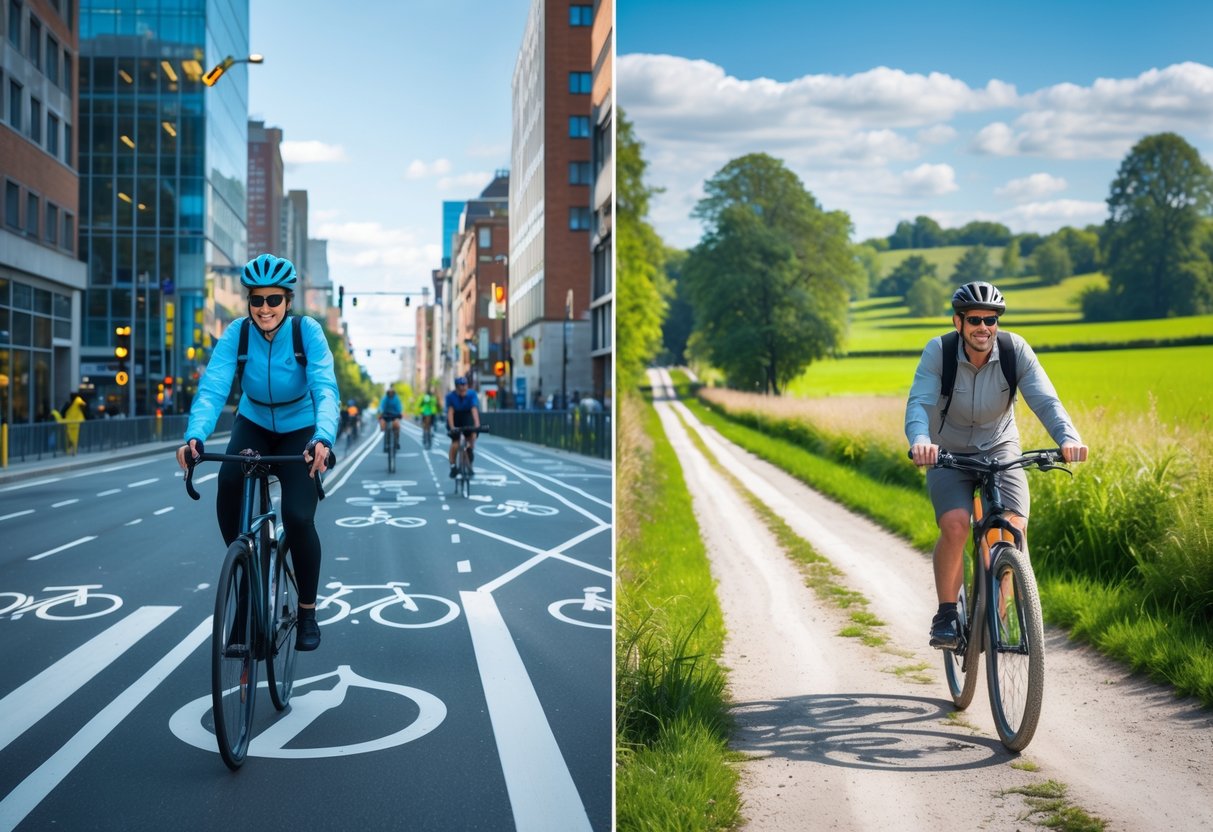 A split scene showing a cyclist riding safely in a busy city street with bike lanes on one side and a cyclist riding on a quiet rural gravel path surrounded by green fields on the other.