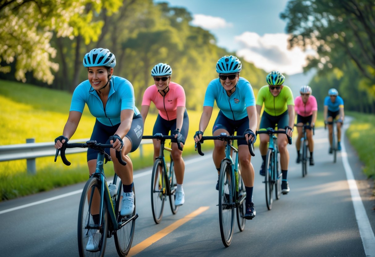 A group of cyclists riding on a tree-lined road with one cyclist riding solo ahead, all wearing helmets and cycling gear.