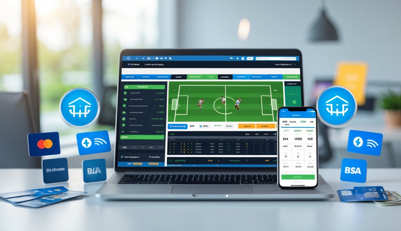 Meja kerja dengan laptop dan ponsel menampilkan antarmuka taruhan olahraga, dikelilingi oleh simbol bank lokal dan dompet elektronik.