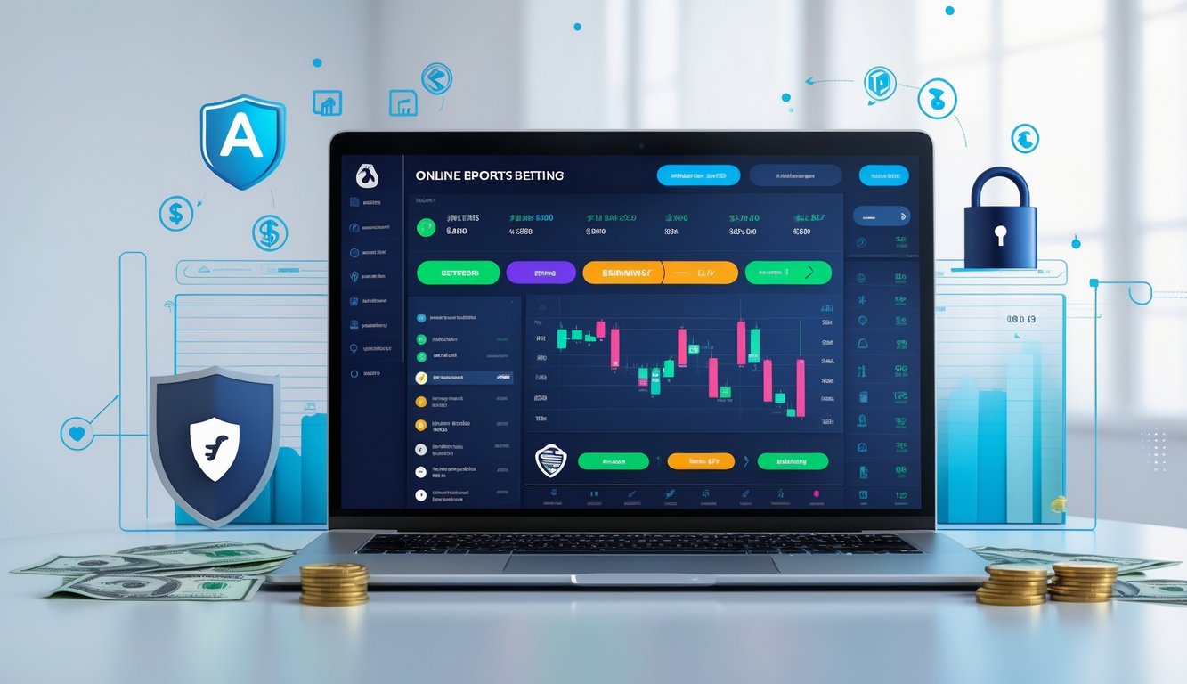 Sebuah ruang kerja modern dengan laptop yang menampilkan antarmuka taruhan olahraga online dan simbol pembayaran bank lokal serta e-wallet.