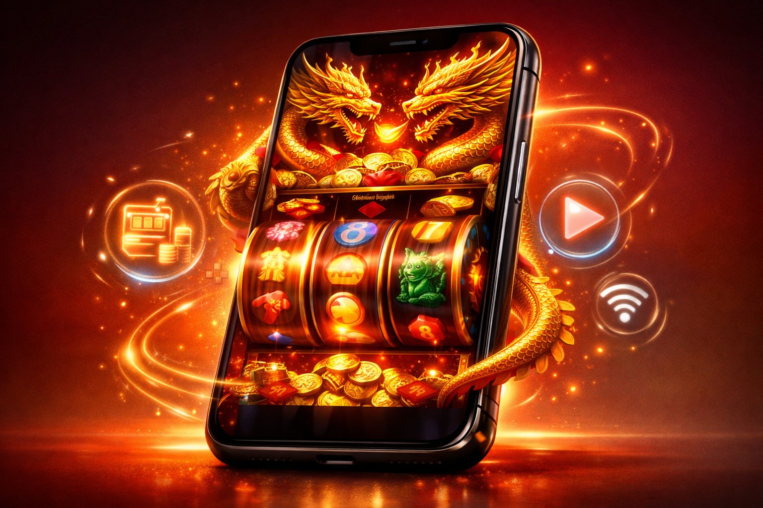 A Modern Smartphone Showing A Colorful Slot Game With Golden Dragons And AsianThemed Symbols On The Screen.