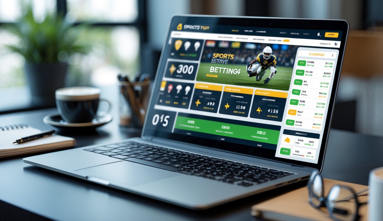 Meja kerja dengan laptop dan ponsel yang menampilkan situs taruhan olahraga online, dilengkapi dengan cangkir kopi dan alat tulis.