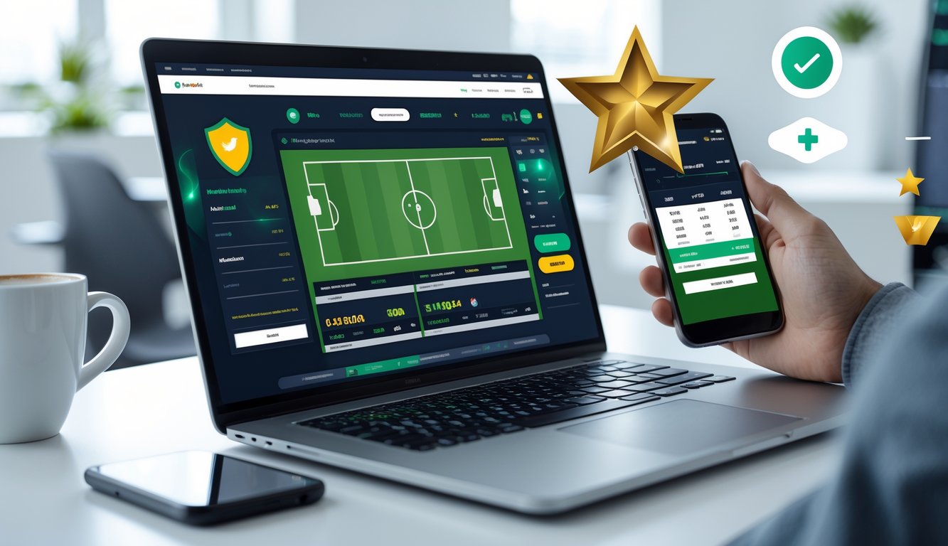 Sebuah ruang kerja modern dengan laptop dan ponsel yang menampilkan situs dan aplikasi taruhan bola online, dikelilingi simbol kepercayaan seperti ikon perisai dan bintang emas.