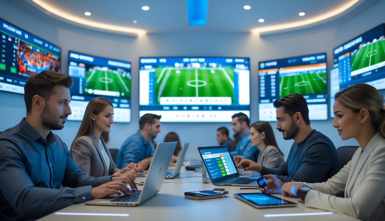 Orang-orang sedang menggunakan perangkat elektronik untuk taruhan bola online dengan layar besar menampilkan pertandingan sepak bola secara langsung.