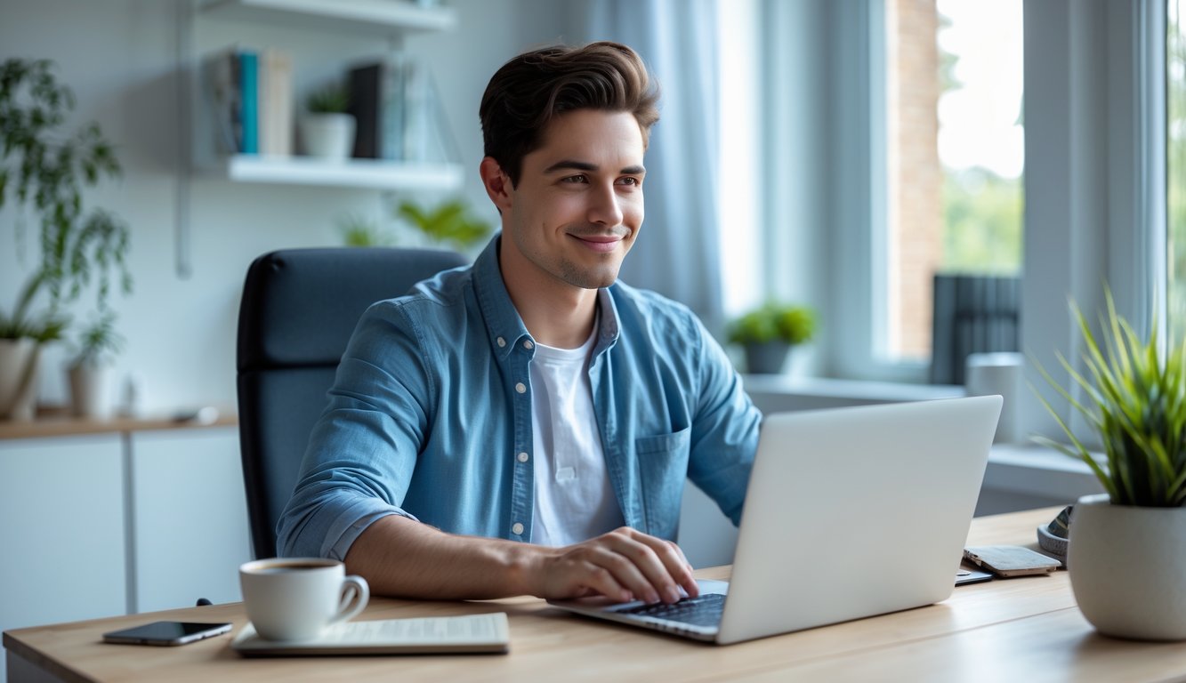Seseorang muda sedang menggunakan laptop di ruang kerja rumah yang terang dan rapi.