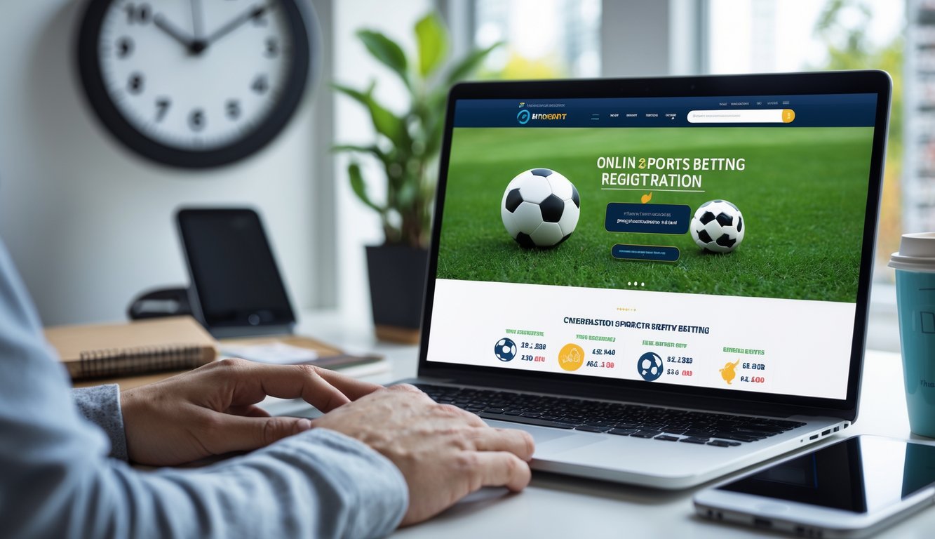 Seseorang sedang menggunakan laptop di meja kerja dengan tampilan situs agen bola online di layar, dikelilingi oleh ponsel, buku catatan, dan cangkir kopi.