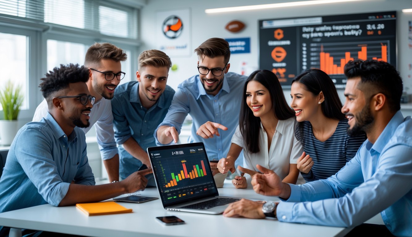 Sekelompok orang muda sedang berdiskusi di sekitar laptop di kantor modern dengan suasana energik dan profesional.