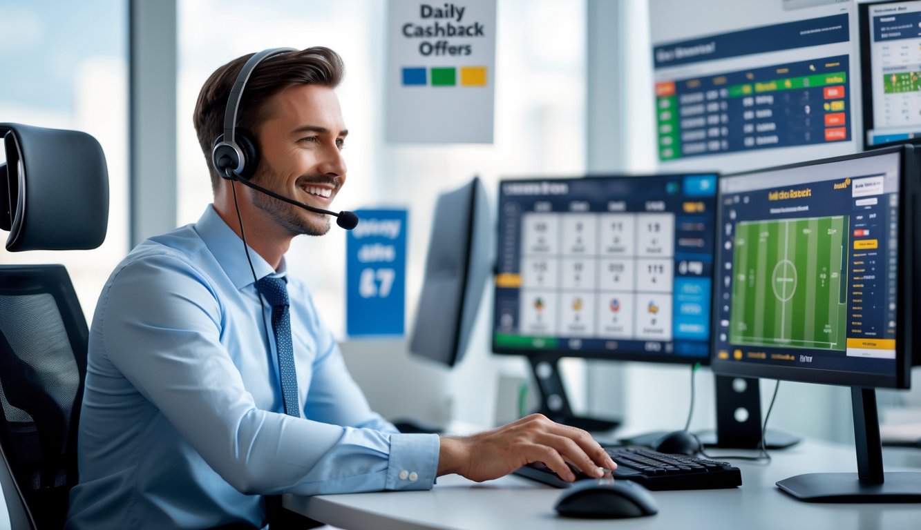 Seorang agen taruhan bola online yang percaya diri sedang bekerja di kantor modern dengan beberapa monitor menampilkan pertandingan sepak bola dan statistik.