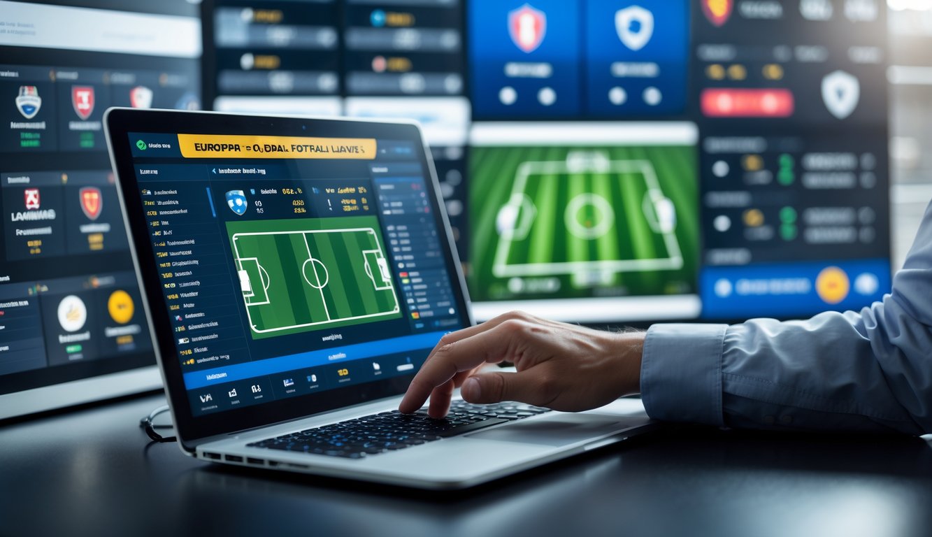Seseorang menggunakan laptop di meja kerja dengan beberapa layar menampilkan pertandingan sepak bola dari berbagai liga internasional.