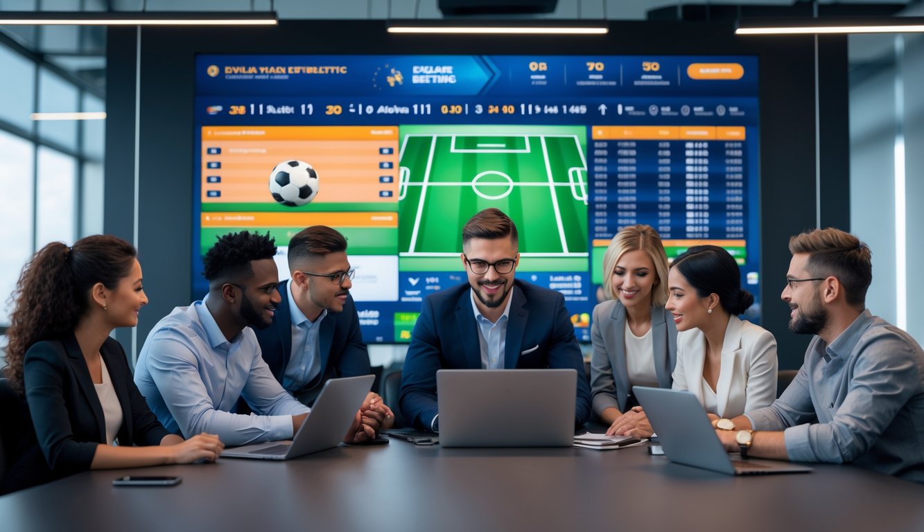 Sekelompok orang sedang melihat layar digital besar yang menampilkan pertandingan sepak bola liga Eropa dan dunia, di dalam ruangan kantor modern.