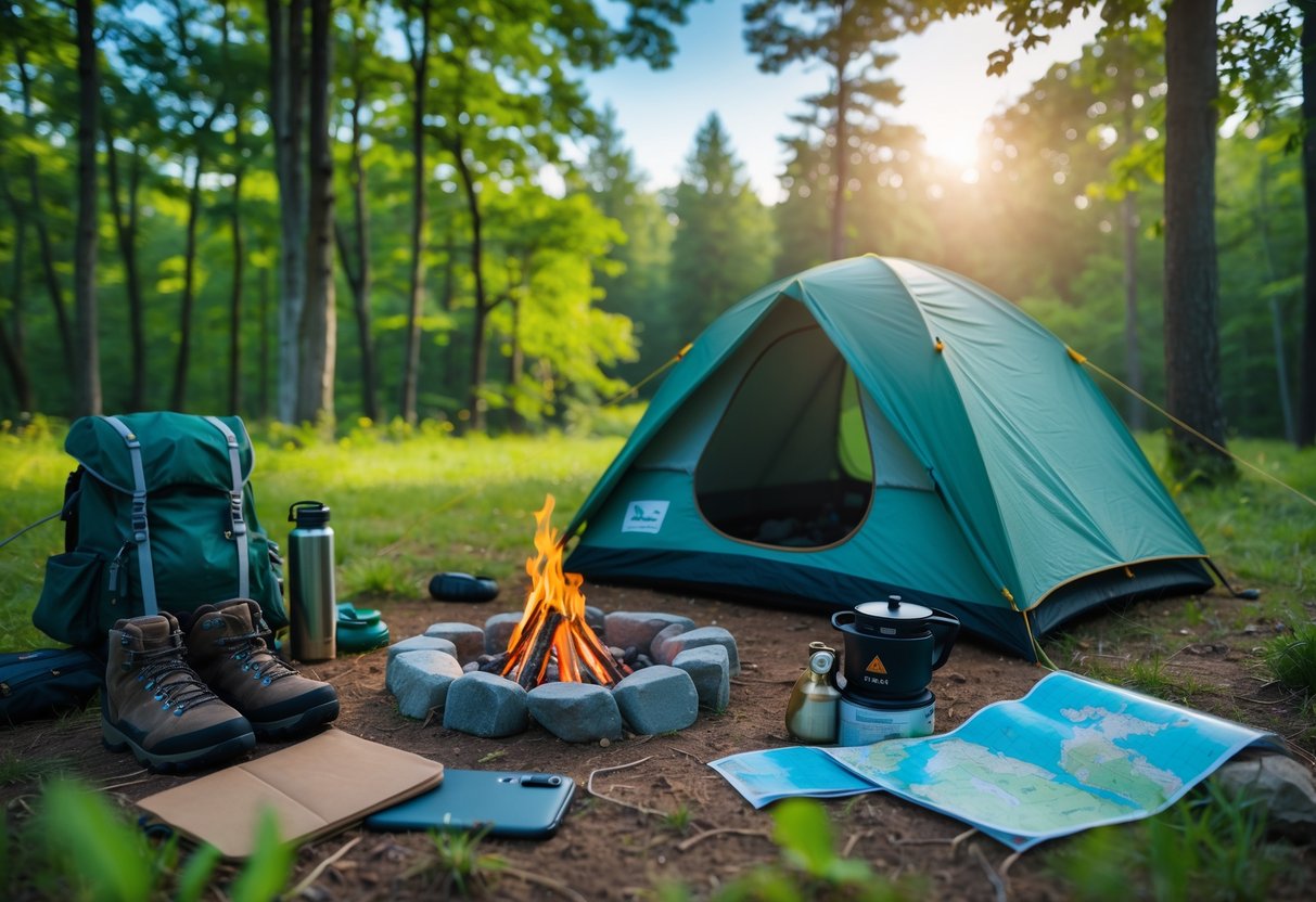 A tent set up in a forest clearing with a campfire ring and camping gear arranged nearby under sunlight.