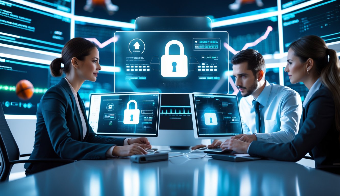 Tim profesional sedang bekerja dengan layar digital yang menampilkan simbol keamanan data dan grafik terkait taruhan olahraga online.