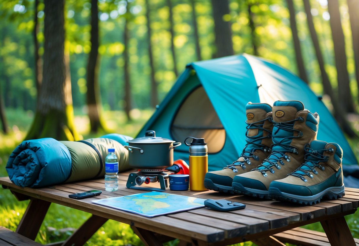 Essential camping gear arranged on a picnic table in a forest with a tent and trees in the background.