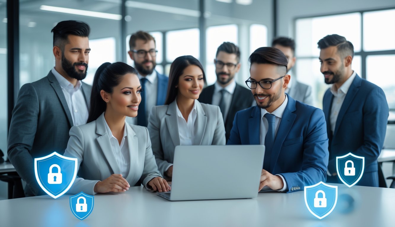Sekelompok orang profesional berdiskusi di kantor modern dengan simbol keamanan data di latar belakang.