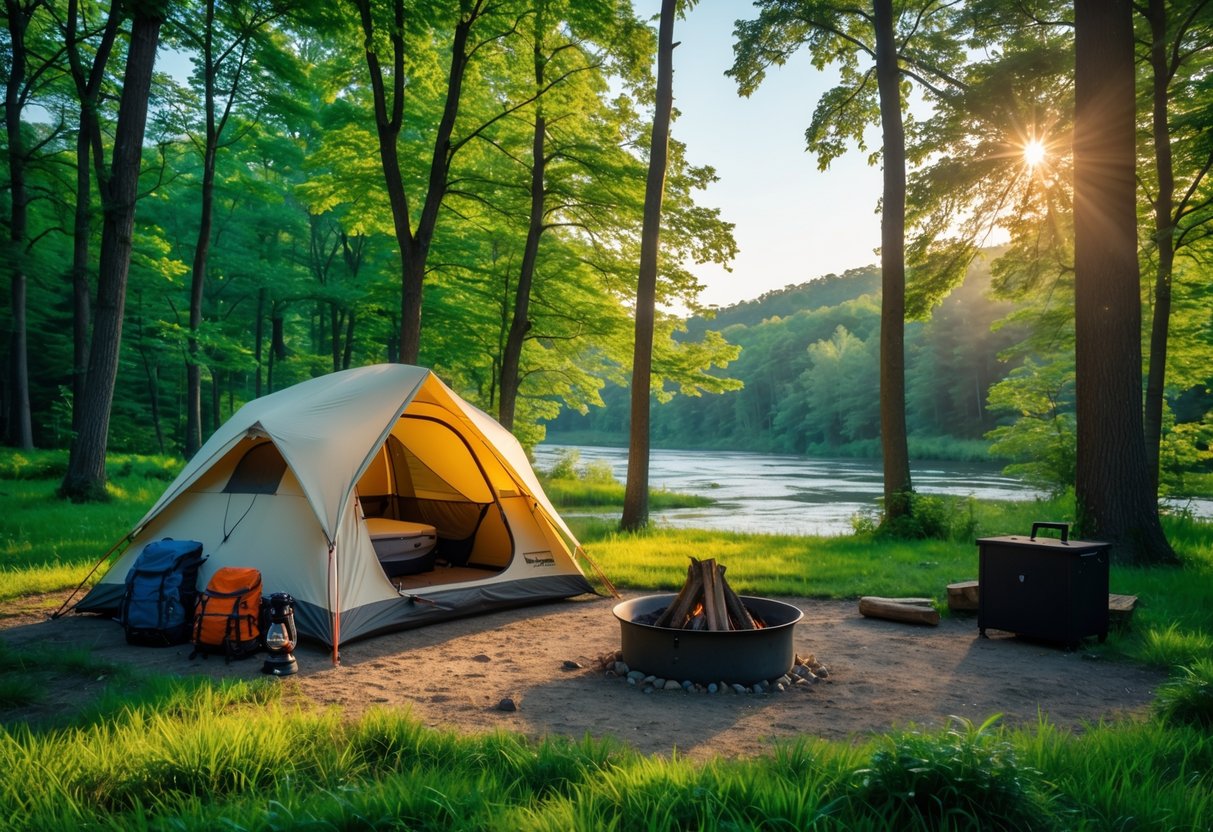 A peaceful campsite in a forest clearing with a tent, camping gear, trees, and a calm body of water in the background.