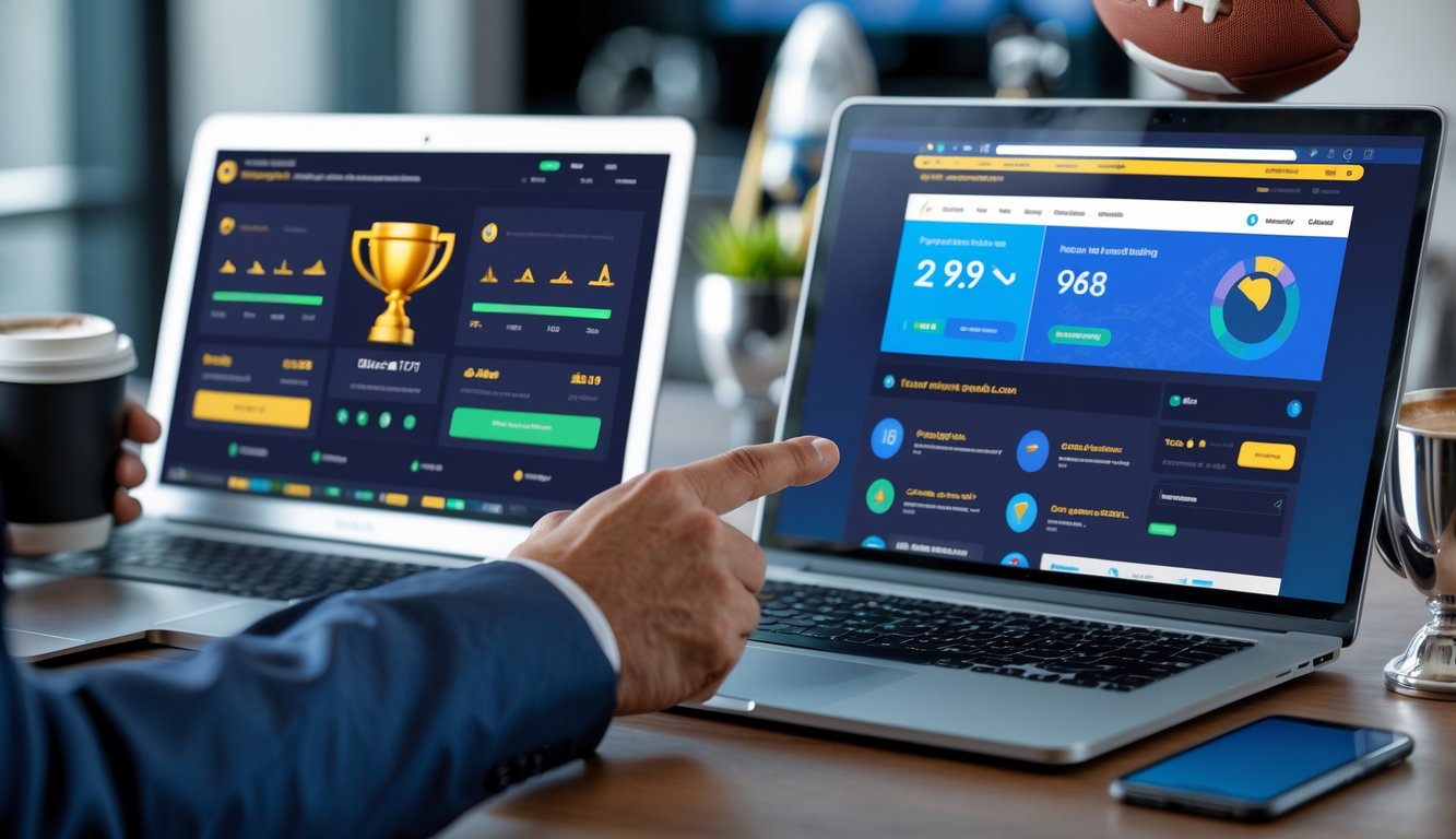 Seorang profesional menunjuk dua layar laptop berdampingan yang menampilkan platform taruhan olahraga online dengan latar meja kerja modern dan beberapa barang olahraga di sekitar.