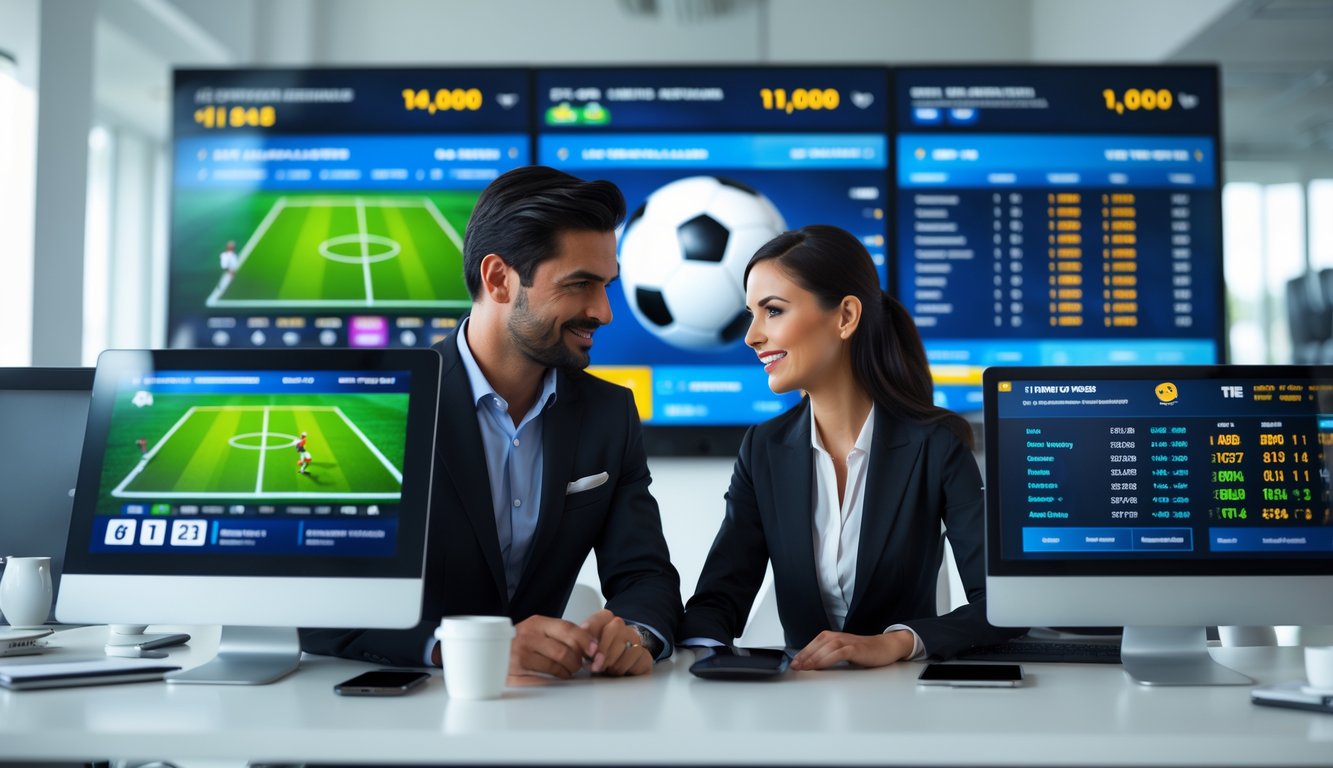 Dua orang profesional bekerja bersama di kantor modern dengan beberapa layar komputer yang menampilkan pertandingan sepak bola dan statistik taruhan olahraga.