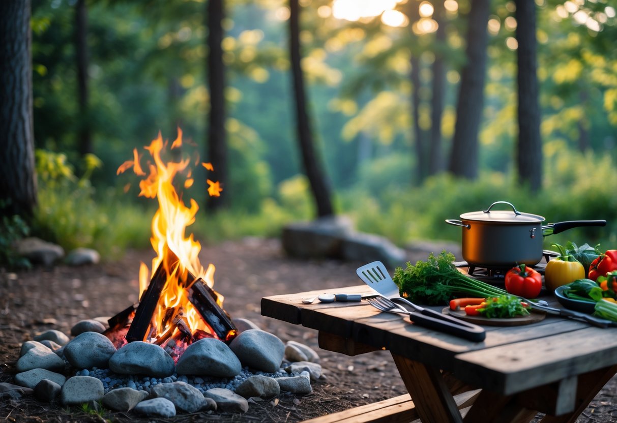 A campfire with flames surrounded by stones next to a camping stove and cooking utensils on a wooden picnic table in a forest setting.
