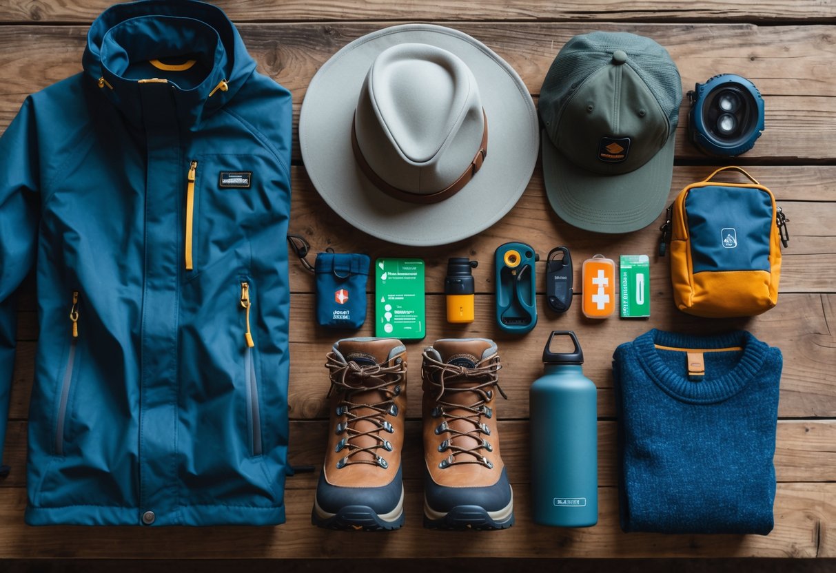 A flat lay of camping clothing and personal items including jacket, boots, socks, hat, water bottle, first aid kit, multi-tool, insect repellent, and headlamp on a wooden surface.