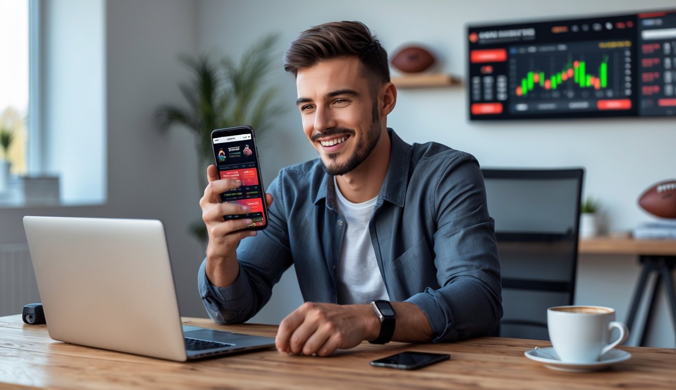 Seorang pria muda menggunakan ponsel di meja kerja dengan aplikasi taruhan olahraga terlihat di layar.