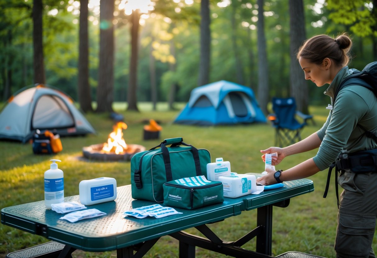 A camping scene showing a first aid kit on a picnic table and two people practicing first aid in a forest clearing with tents and camping gear nearby.