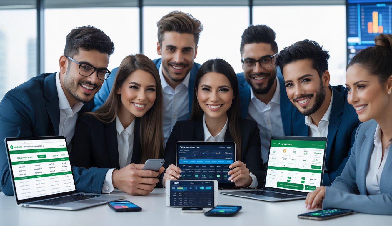 Sekelompok profesional muda sedang menggunakan perangkat mobile dan laptop di kantor modern, berinteraksi dengan aplikasi taruhan olahraga online.