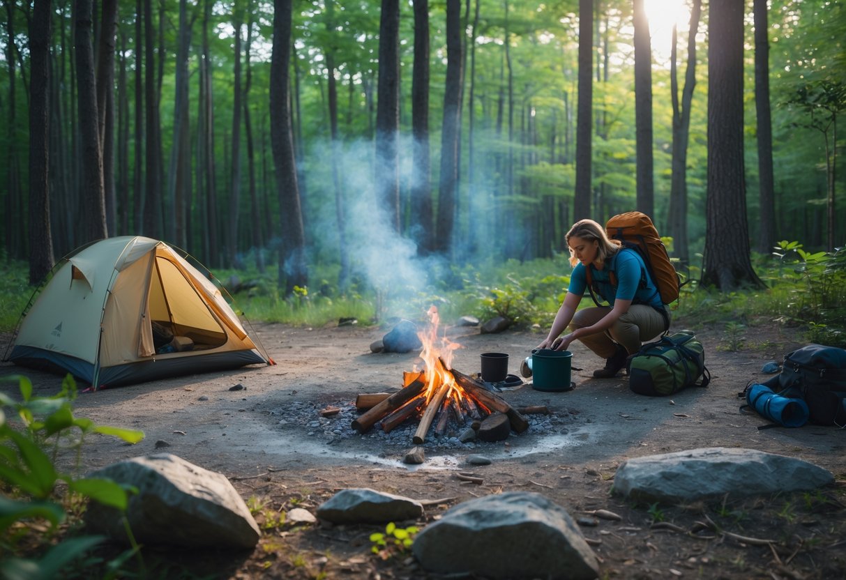 A campsite in a forest with a person putting out a campfire and a tent set up nearby, surrounded by clean ground and trees.
