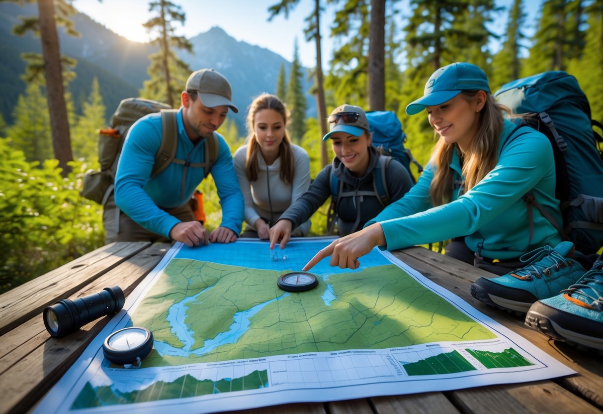 Campers outdoors using a map and compass to navigate in a forest setting.