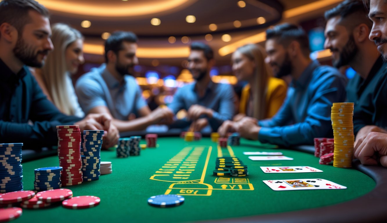 Meja poker dengan tumpukan chip dan kartu, pemain fokus bermain dalam suasana kasino yang mewah.