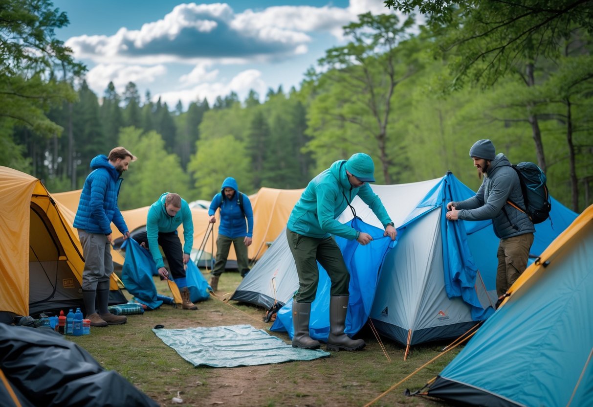Campers setting up tents and preparing weatherproof gear at a forest campsite under a partly cloudy sky.