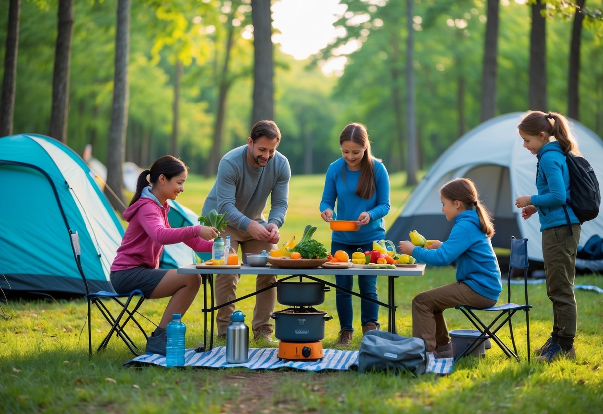 A group of people preparing a healthy meal at a campsite surrounded by trees and camping gear.