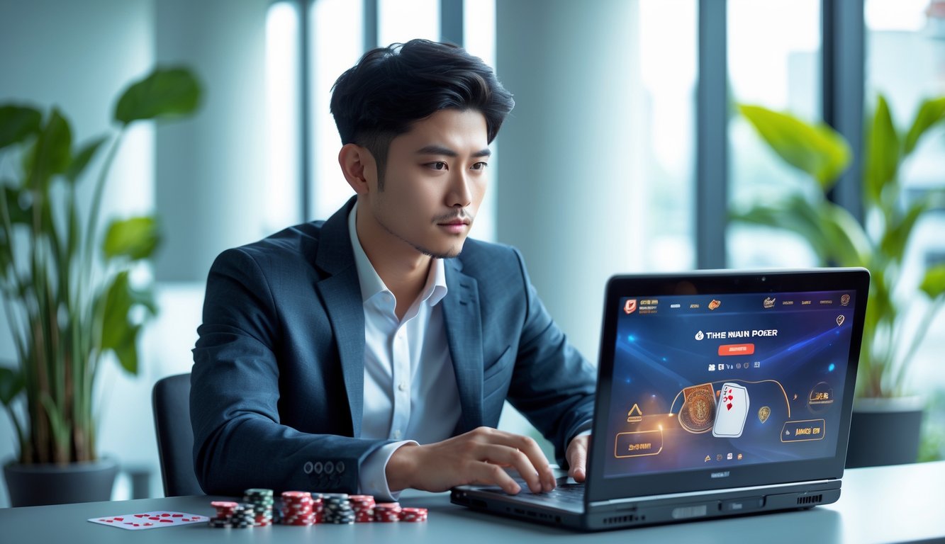 Seorang pria muda duduk di depan laptop dengan kartu poker dan chip di meja, di sebuah kantor modern yang terang dan rapi.
