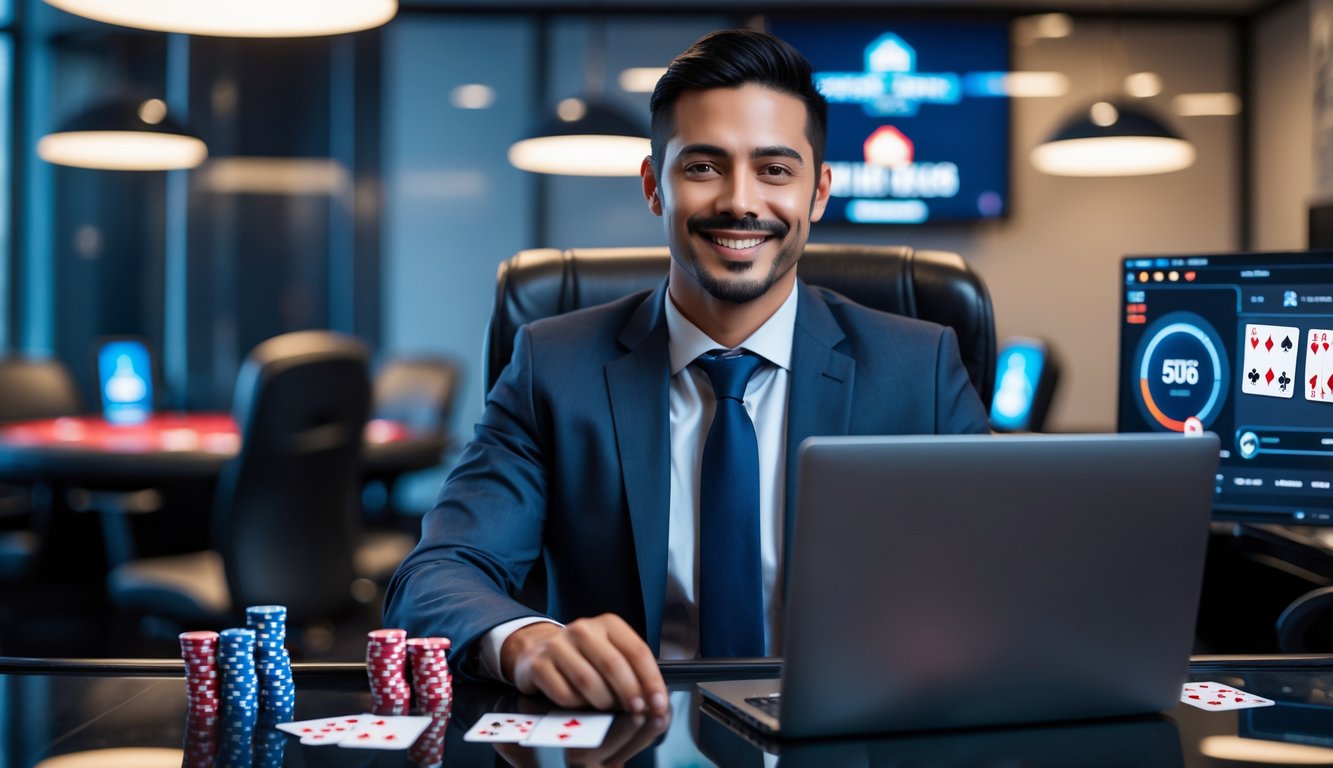 Seorang agen poker profesional tersenyum di kantor modern dengan chip poker, kartu bermain, dan laptop yang menampilkan permainan poker.