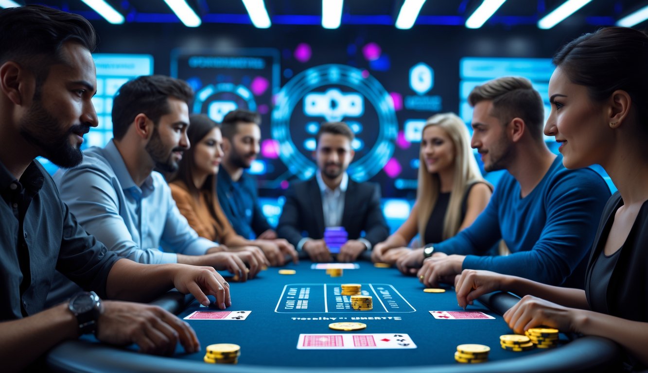Sekelompok pemain poker yang serius duduk di sekitar meja poker modern dengan kartu digital dan chip, menunjukkan suasana permainan yang menyenangkan dan dapat dipercaya.