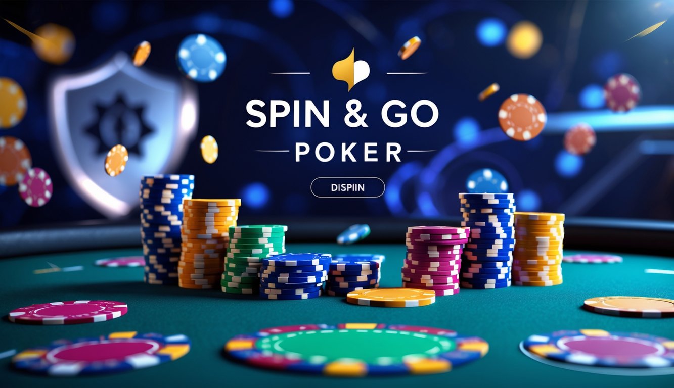 Tampilan meja poker online dengan chip dan kartu, menunjukkan suasana permainan Spin & Go Poker yang menarik dan terpercaya.