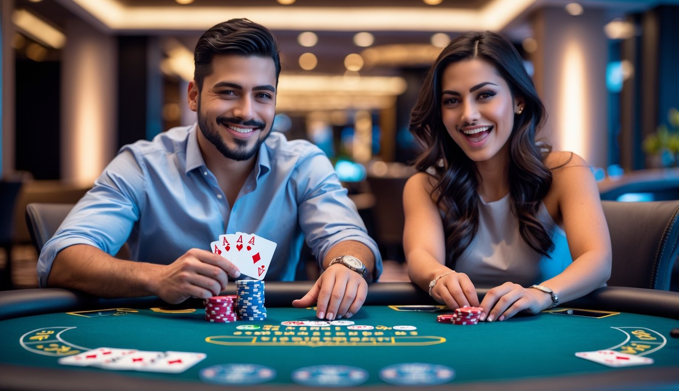 Seorang pria dan wanita duduk di meja poker dengan ekspresi percaya diri dan senang, dikelilingi oleh chip dan kartu poker di dalam suasana kasino yang elegan.