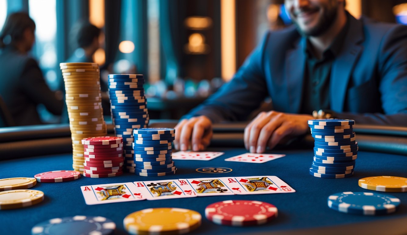 Meja poker dengan tumpukan chip warna-warni dan kartu bermain di kasino yang terang, dengan seorang pemain fokus di latar belakang.