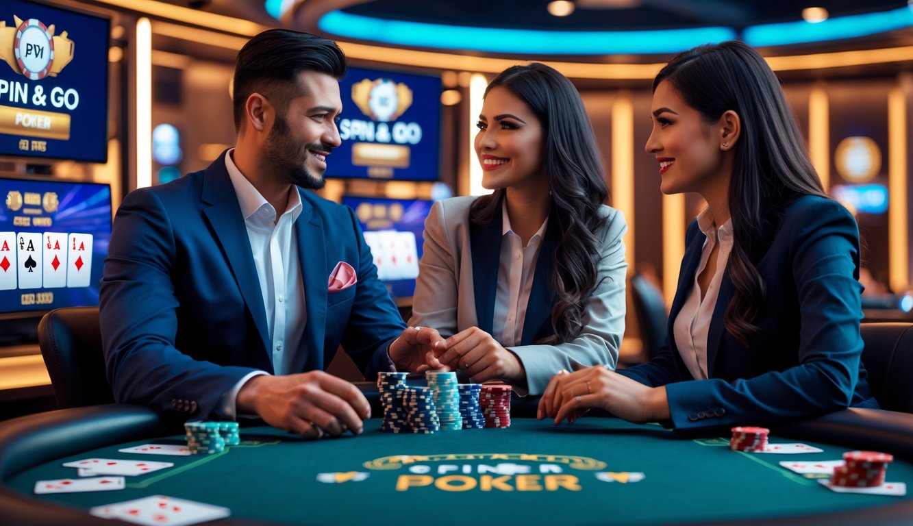 Dua agen poker profesional sedang berbicara di kasino modern dengan tumpukan chip dan kartu poker di meja.