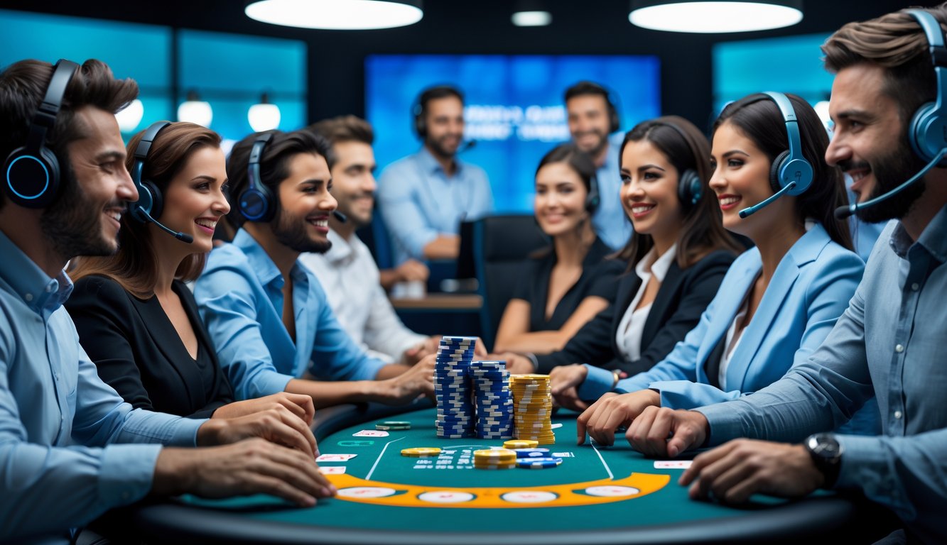 Meja poker dengan pemain yang fokus bermain dan staf dukungan pelanggan yang siap membantu.