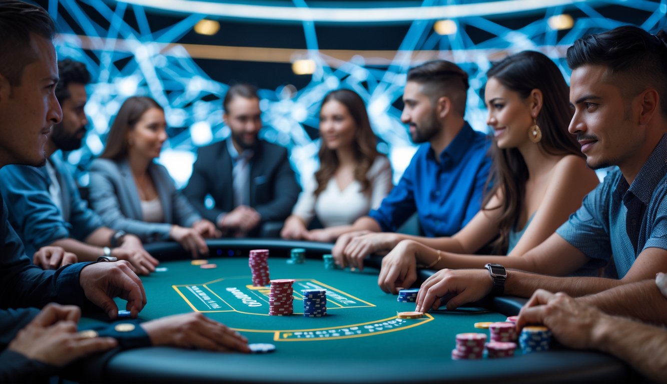 Meja poker dengan pemain yang fokus bermain Spin & Go, suasana profesional dan modern dengan pencahayaan terang.