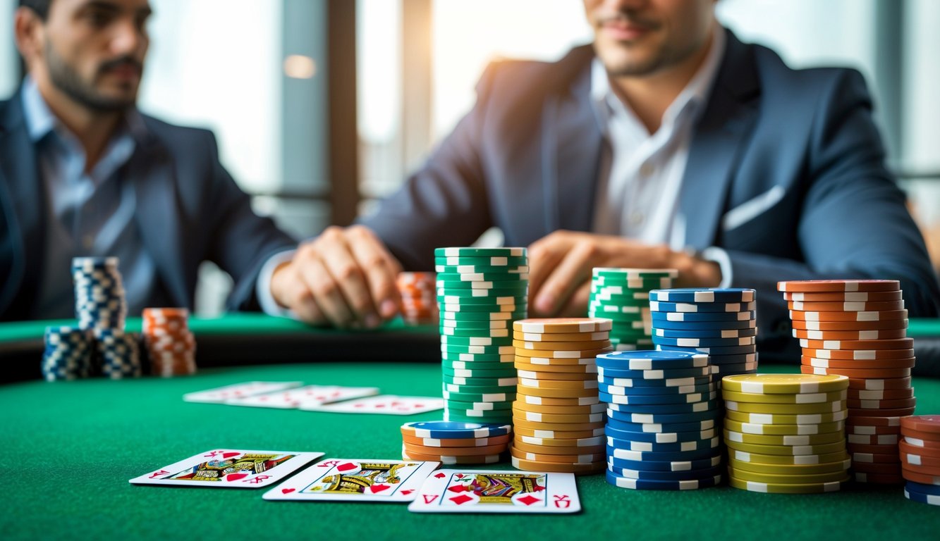 Meja poker dengan tumpukan chip dan kartu, seorang pemain fokus bermain di latar belakang.