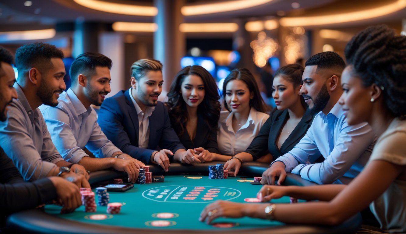 Sekelompok orang bermain poker di meja kasino dengan suasana serius dan antusias.